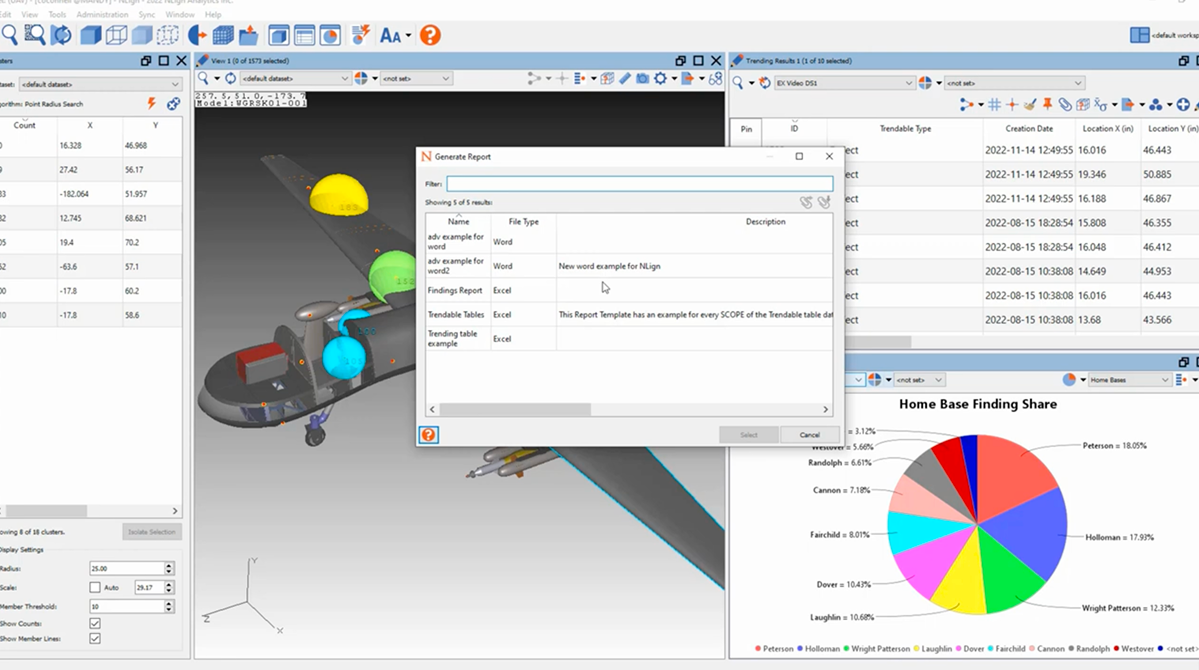 NLign Desktop showing report generation panel and fleet-wide pie chart analysis