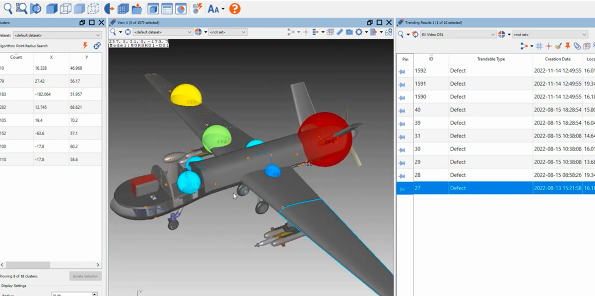 NLign Desktop showing 3D aircraft model with defect markers and data panels