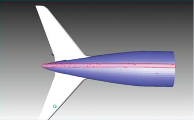 Aircraft tail section showing surface damage heatmap